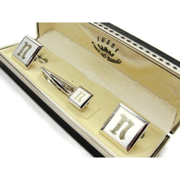 Signed Swank Set Silver Tone Square Cufflinks Neck Tie Clip Shirt Vintage IOB - Picture 2 of 12